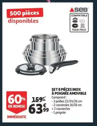 Auchan Set 8 pieces inox a poignee amovible aanbieding
