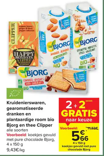 Carrefour Kruidenierswaren , Gearomatiseerde Dranken en Plantaardige Room Bio Bjorg en Thee Clipper 2+2 Gratis aanbieding
