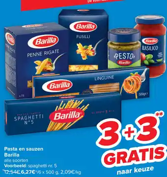 Carrefour Barilla Pasta en Sauzen Alle Soorten 3+3 Gratis aanbieding