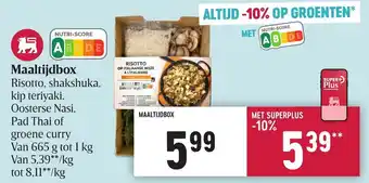Maaltijdbox Risotto, Shashuka , Kip Teriyaki , Oosterse Nasi, Pad Thai of Groene Curry