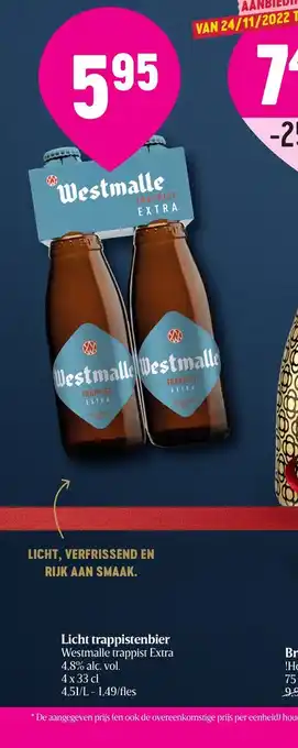 Delhaize Licht Trappistenbier Westmalle Trappist Extra 4.8% Alc Vol 4 x 33cl aanbieding