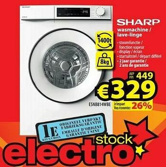 ElectroStock Sharp wasmachine - lave-linge esnb814wbe aanbieding