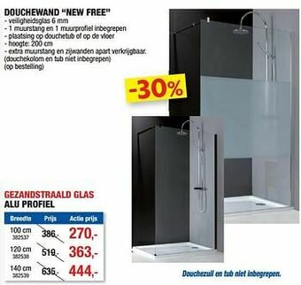 Douchewand new free gezandstraald glas alu profiel