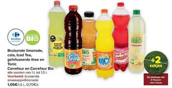 Carrefour Bruisende limonade, cola, iced tea, geïnfuseerde thee en tonic aanbieding
