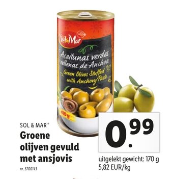 Lidl Sol & Mar Groene olijven gevuld met ansjovis aanbieding