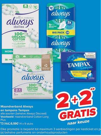 Carrefour Maandverband always en tampons tampax aanbieding