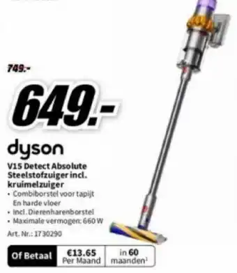 MediaMarkt Dyson V15 Detect Absolute Steelstofzuiger incl.kruimelzuiger aanbieding