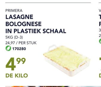 Primera lasagne bolognese in plastiek schaal de kilo