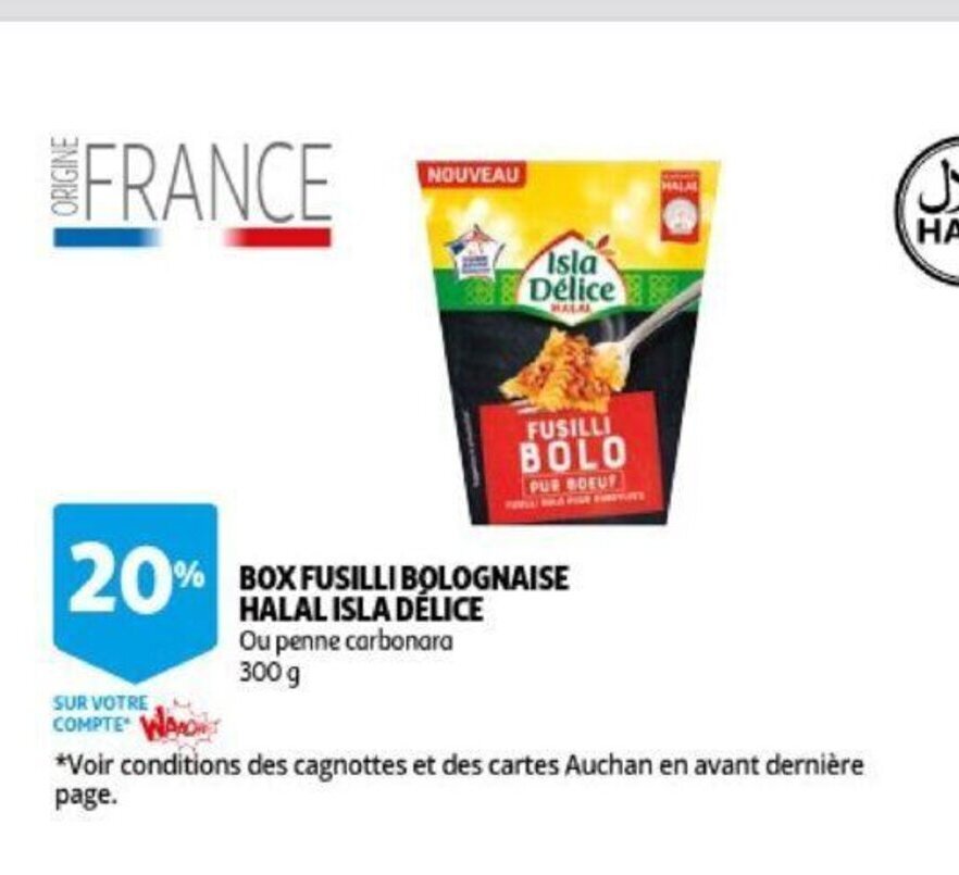Box fusilli bolognaise halal isla delice promotie bij Auchan