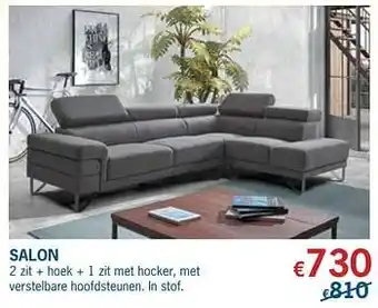 Salon 2 zit + hoek + 1 zit met hocker, met verstelbare hoofdsteunen in stof