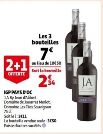 Auchan J.A By Jean d'Alibert IGP Pays D'OC Domaine de Jouarres Merlot, Domaine Les Fees Souvignon 75cl aanbieding