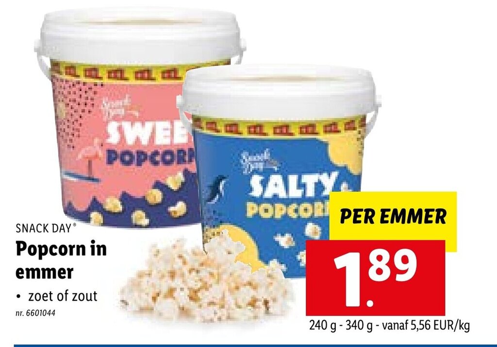 Snack Day Popcorn in emmer zoet of zout 240g340g promotie bij Lidl