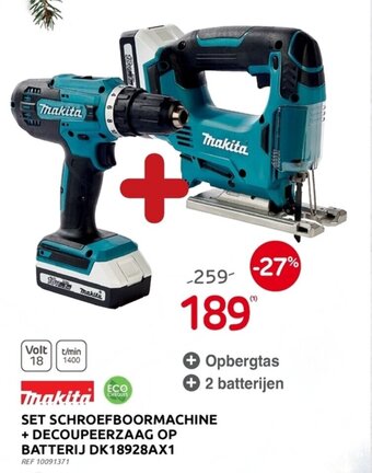 Brico Makita Set Schroefboormachine + Decoupeerzaag Op Batterij DK18928AX1 aanbieding