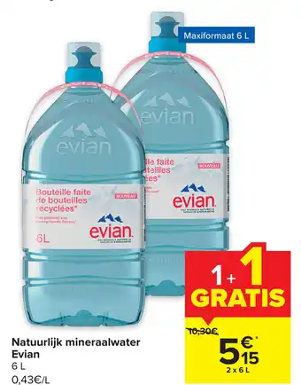 Carrefour Evian Natuurlijk Mineraalwater 6L, 1+1 Gratis aanbieding