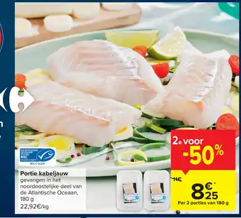 Carrefour Portie Kabeljauw Gevangen in Het Noordoostelijke Deel van De Atlantische Oceaan 180g aanbieding