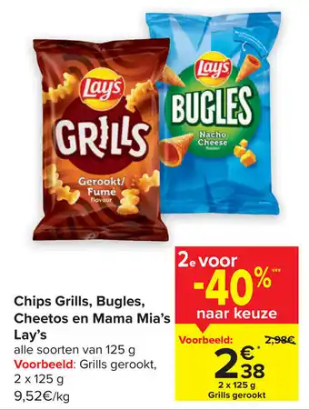 Carrefour Lay's Chips Grills , Bugles , Cheetos en Mama Mia's Alle Soorten aanbieding