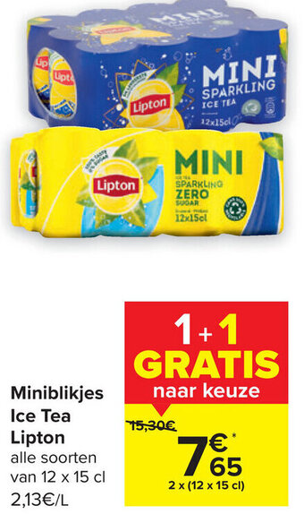 Carrefour Lipton Miniblikjes Ice Tea Alle Soorten van 12 x 15cl , 1+1 Gratis aanbieding