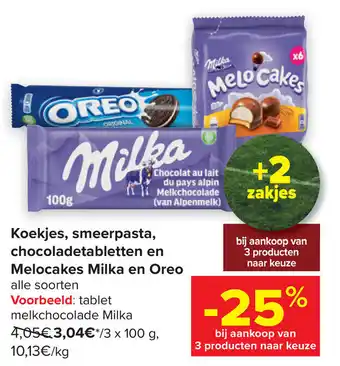 Carrefour Koekjes , Smeerpasta, Chocoladetabletten en Melocakes Milka en Oreo aanbieding