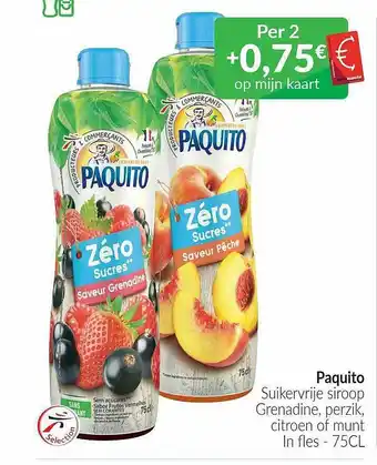 Intermarché Paquito suikervrije siroop grenadine, perzik, citroen or munt aanbieding