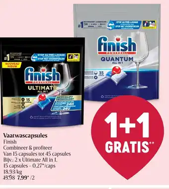 Delhaize Finish vaatwascapsules 1+1 gratis aanbieding