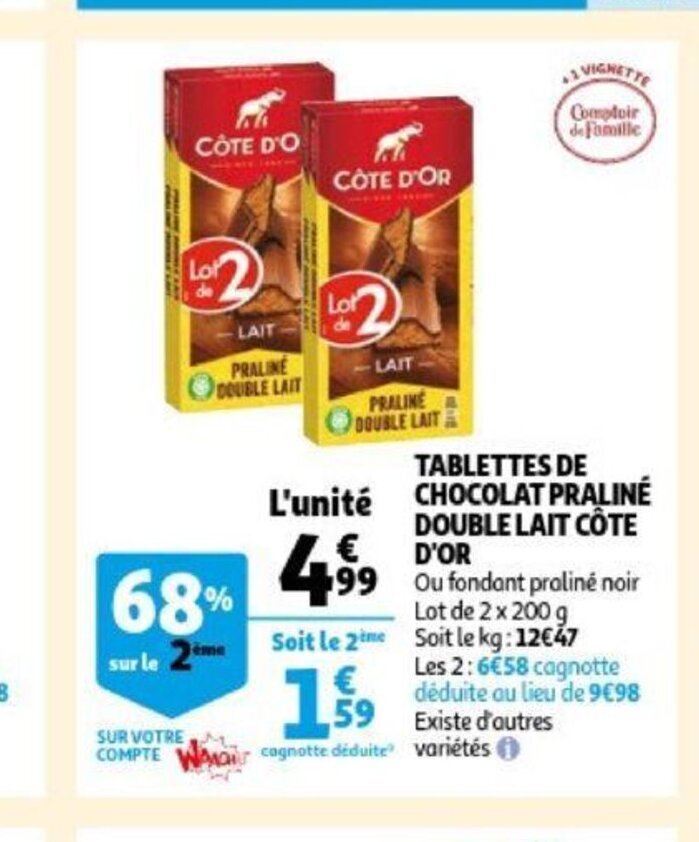 Cote D'Or tablettes de chocolat praline double lait promotie bij Auchan