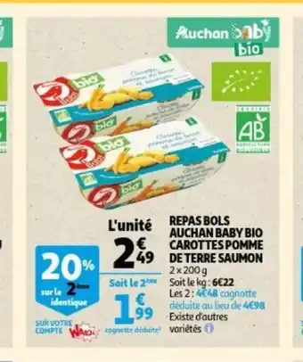 Auchan Baby bio carottes pomme de terre saumon repas bols 2 x 200 g aanbieding