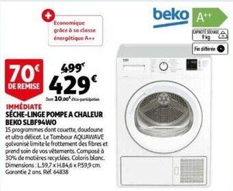 Auchan Beko seche-linge pompe a chaleur SLBF94WO L59.7xH84.6xP59.9 aanbieding