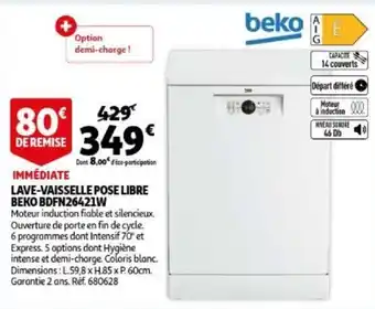 Auchan Beko lave-vaisselle pose libre BDFN26421W L59.8xH85xP60cm aanbieding