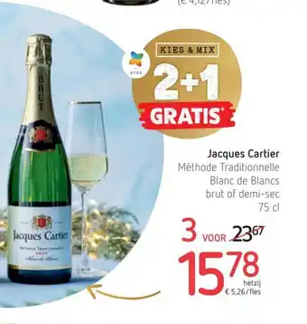 Spar Colruyt Jacques cartier methode traditionnelle blanc de blancs brut of demi-sec 2+1 gratis aanbieding