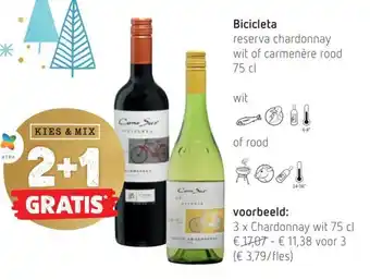 Bicicleta reserva chardonnay wit of carmenere rood 75cl 2+1 gratis
