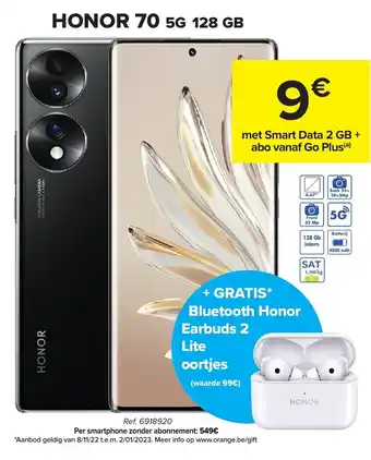 Carrefour Honor 70 5G 128GB Ref. 6918920 + gratis bluetooth honor earbuds 2 lite oortjes aanbieding