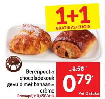 Berenpoot of chocoladekoek gevuld met banaan of creme 1+1 gratis