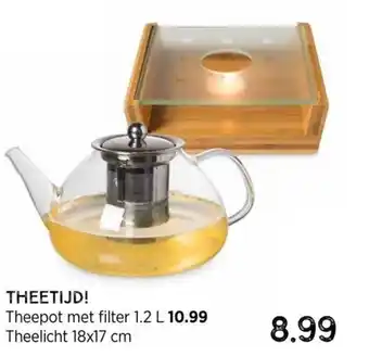 Theetijd! Theepot met filter 1.2 L / Theelicht 18x17 cm