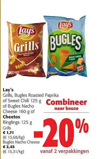 Colruyt Lay's grills, bugles roasted paprika, cheetos ringlings aanbieding