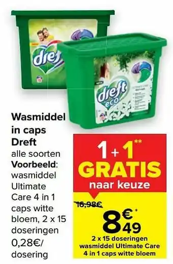 Carrefour Wasmiddel ultimate care 4 in 1 caps witte bloem aanbieding