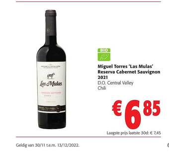 Colruyt Miguel torres 'las mulas' reserva cabernet sauvignon 2021 d.o. central valley aanbieding