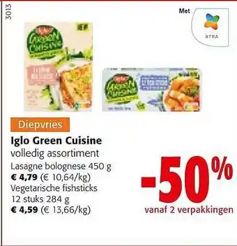 Colruyt Iglo green cuisine lasagne bolognese, vegetarische fishsticks aanbieding