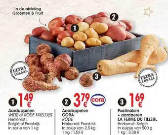 Cora Aardappelen witte of rode krieltjes, aardappelen cora rode, pastinaken + aardperen la ferme du tilleul aanbieding
