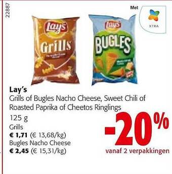 Colruyt Lay's grills of bugles nacho cheese, sweet chili of roasted paprika of cheetos ringlings aanbieding