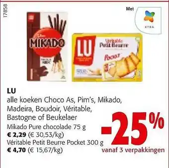 Colruyt Lu alle koeken choco as, pim's, mikado, madeira, boudoir, véritable, bastogne of beukelaer aanbieding