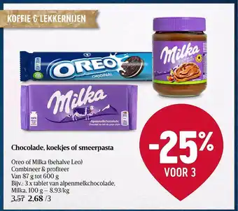 Delhaize Chocolade, koekjes of smeerpasta oreo or milka aanbieding