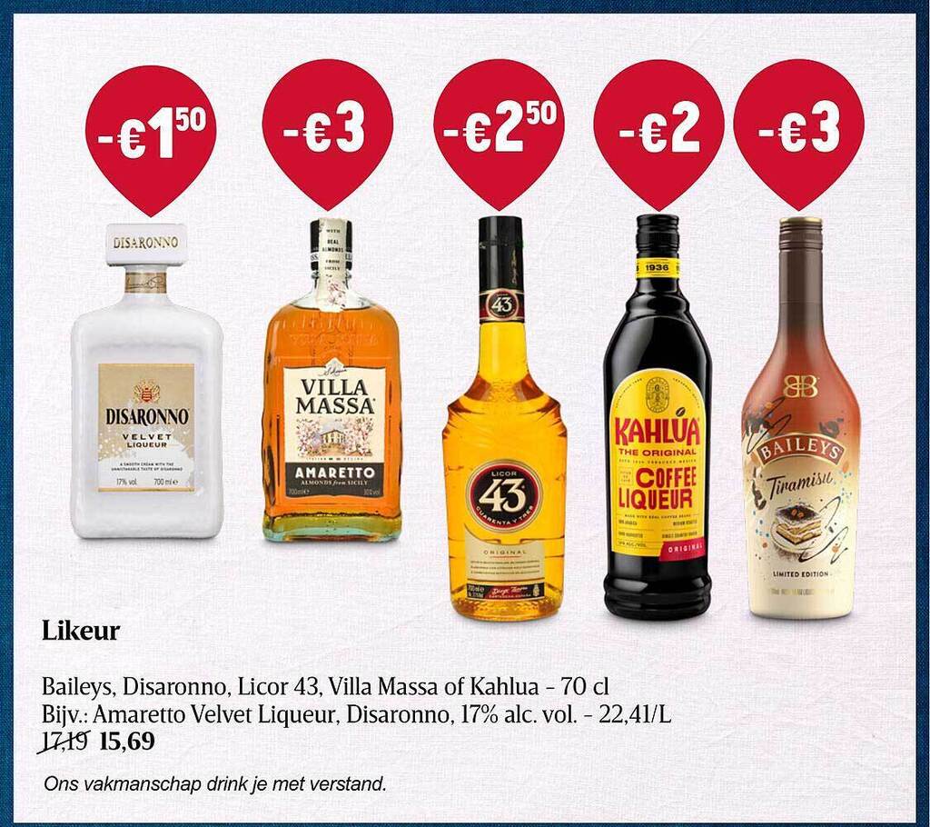 Likeur baileys, disaronno, licor 43, villa massa of kahlua promotie bij