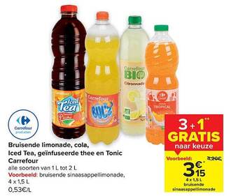 Carrefour Bruisende limonade, cola, iced tea, geïnfuseerde thee en tonic aanbieding