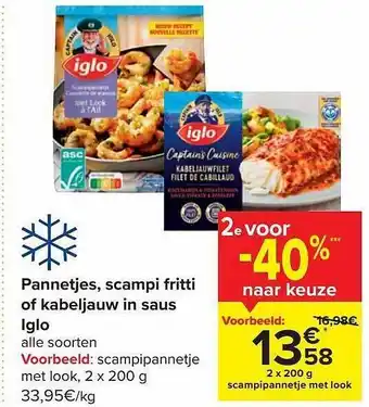 Carrefour Market Pannetjes, scampi fritti of kabeljauw in saus iglo aanbieding