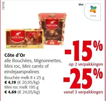 Colruyt Cote d'Or Bouchee melk 8x25g, Mini roc melk 195g aanbieding