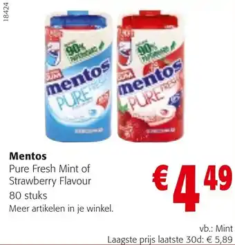 Colruyt Mentos Pure Fresh Mint of Strawberry Flavour 80 stuks aanbieding