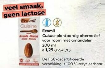 Ecomil cuisine plantaardig alternatief voor room met amandelen