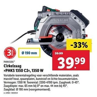Lidl Parkside cirkelzaag phks 1350 c2, 1350 w aanbieding
