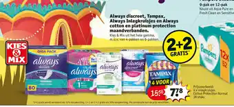 Always discreet, Tampax, Always Inlegkruisjes en Always cotton en platinum protection maandverbanden