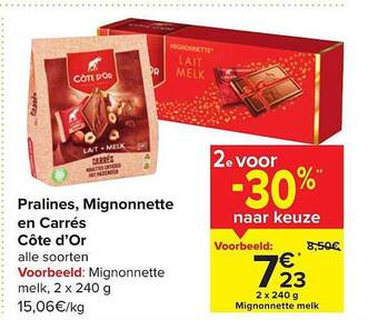Carrefour Pralines, mignonnette en carrés côte d'or aanbieding